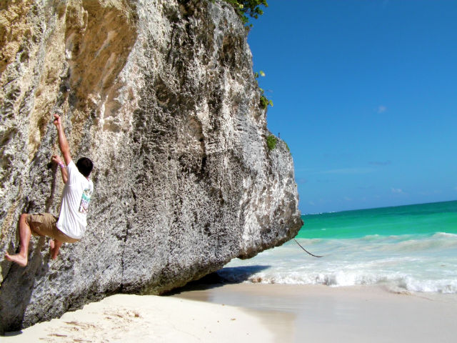 Rock Climbing Bouldering on Beach Limestone White Sand Beach Tulum Riviera Maya Mexico Vacation Beautiful Paradise I decided to try a little climbing...